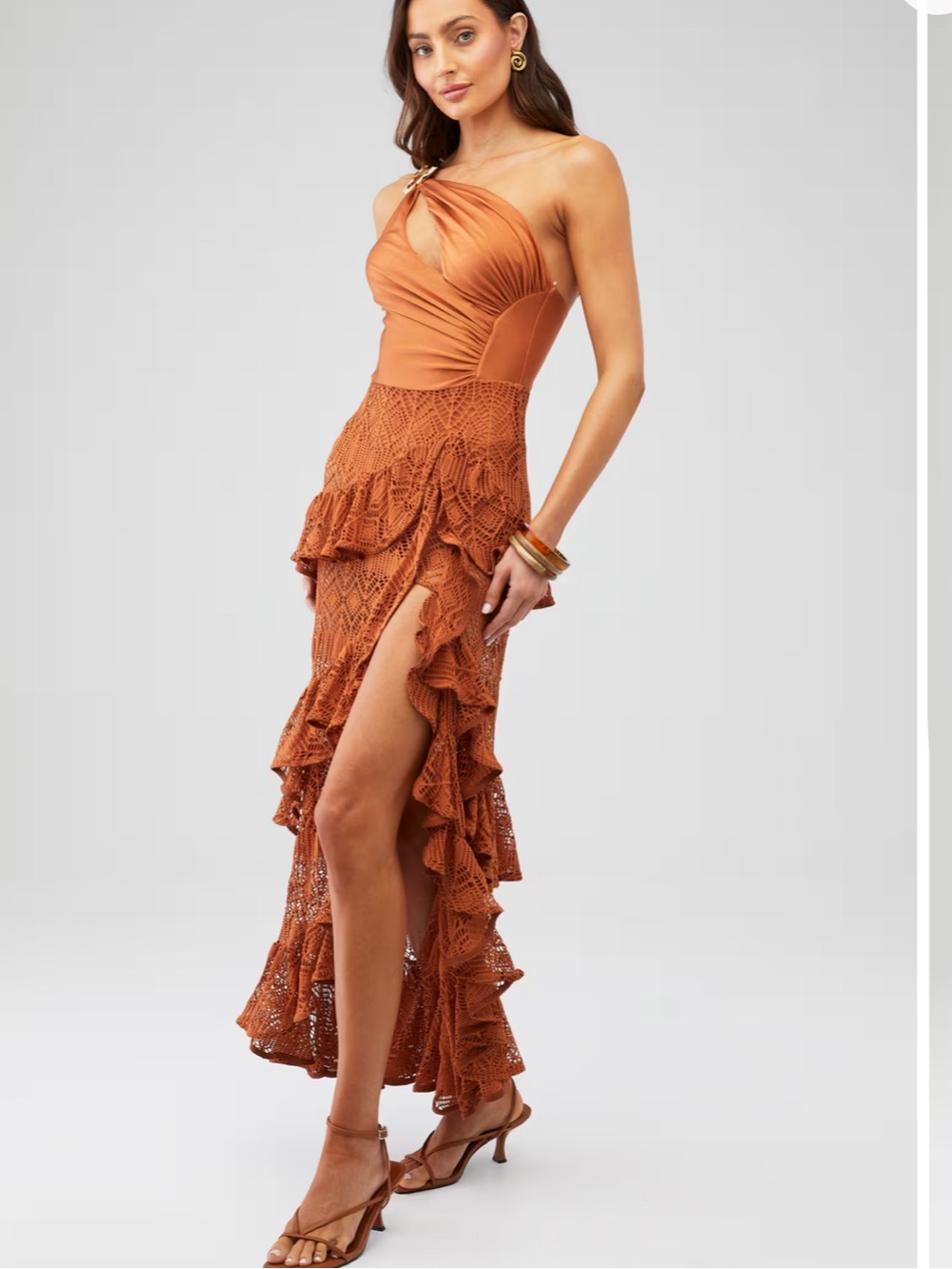Patbo One-Shoulder Rust Crochet Ruffle Maxi Dress - Picture 2 of 6